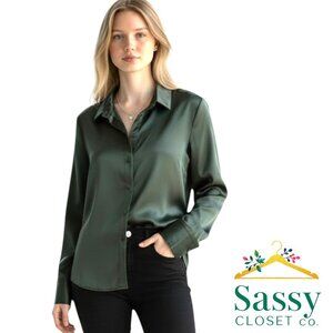 Banana Republic Deep Green Blouse Button Up Long Sleeve Wprkwear Size L EUC